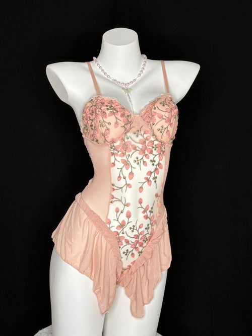 Blush Floral Embroidery Mesh Ruffle Bodysuit