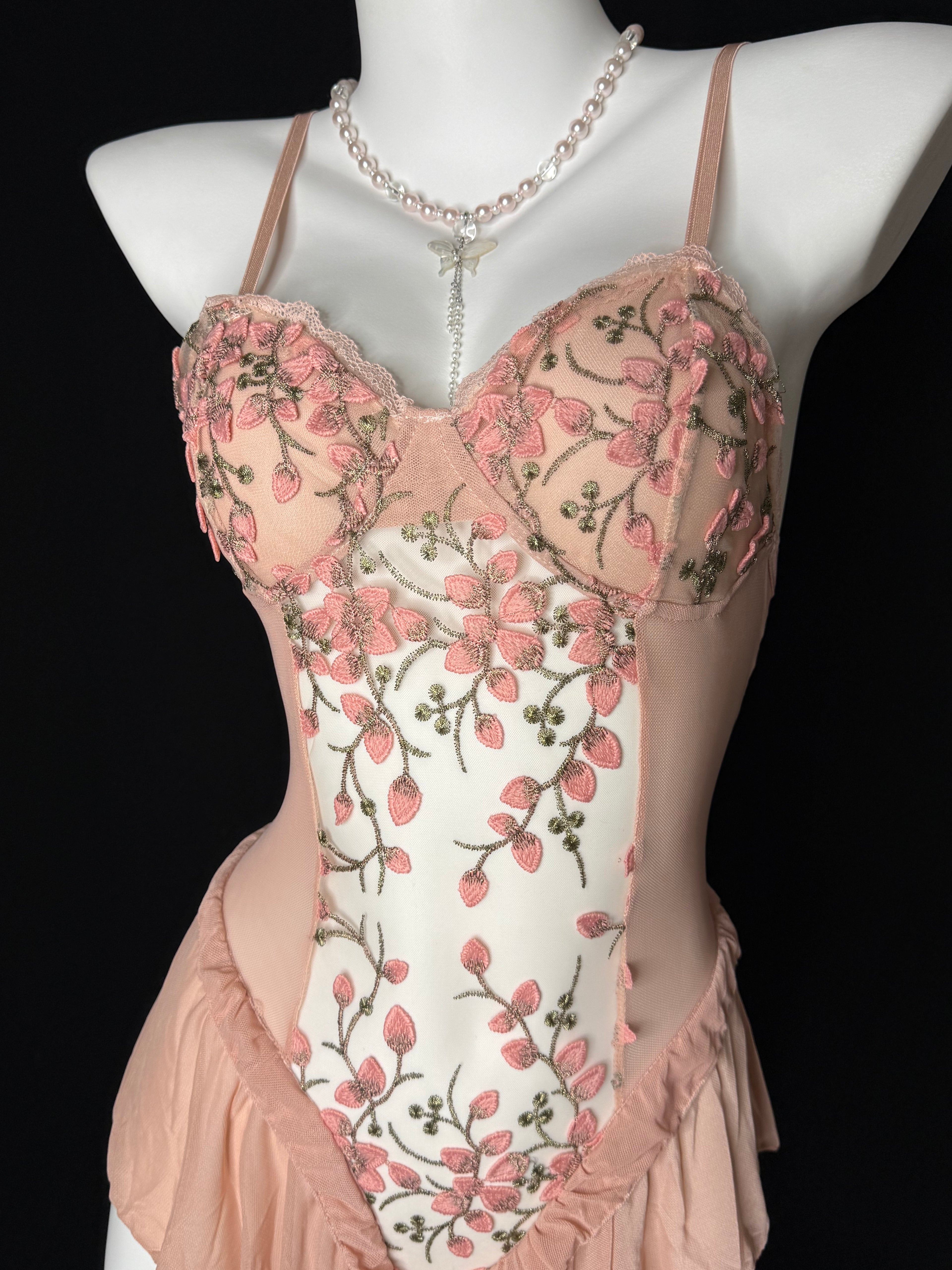 Blush Floral Embroidery Mesh Ruffle Bodysuit