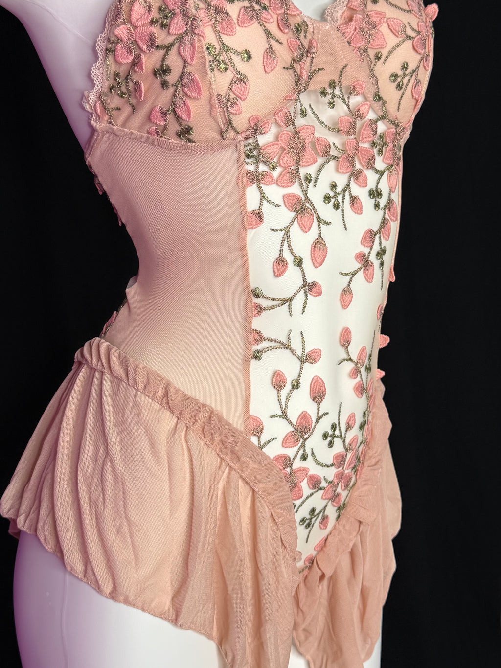 Blush Floral Embroidery Mesh Ruffle Bodysuit