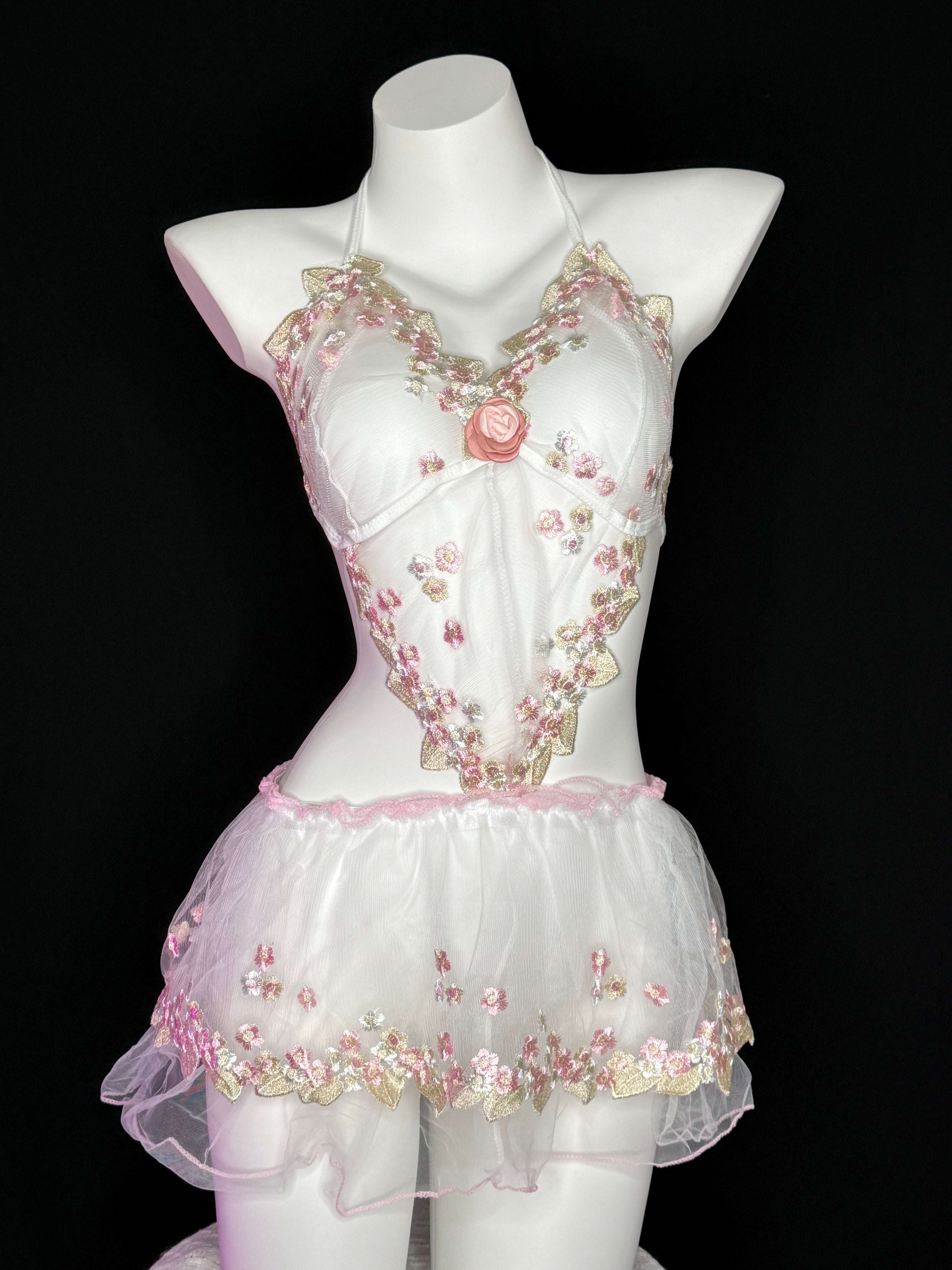 Pink Floral Embroidery Rose Halter Mesh Tutu Lingerie Set