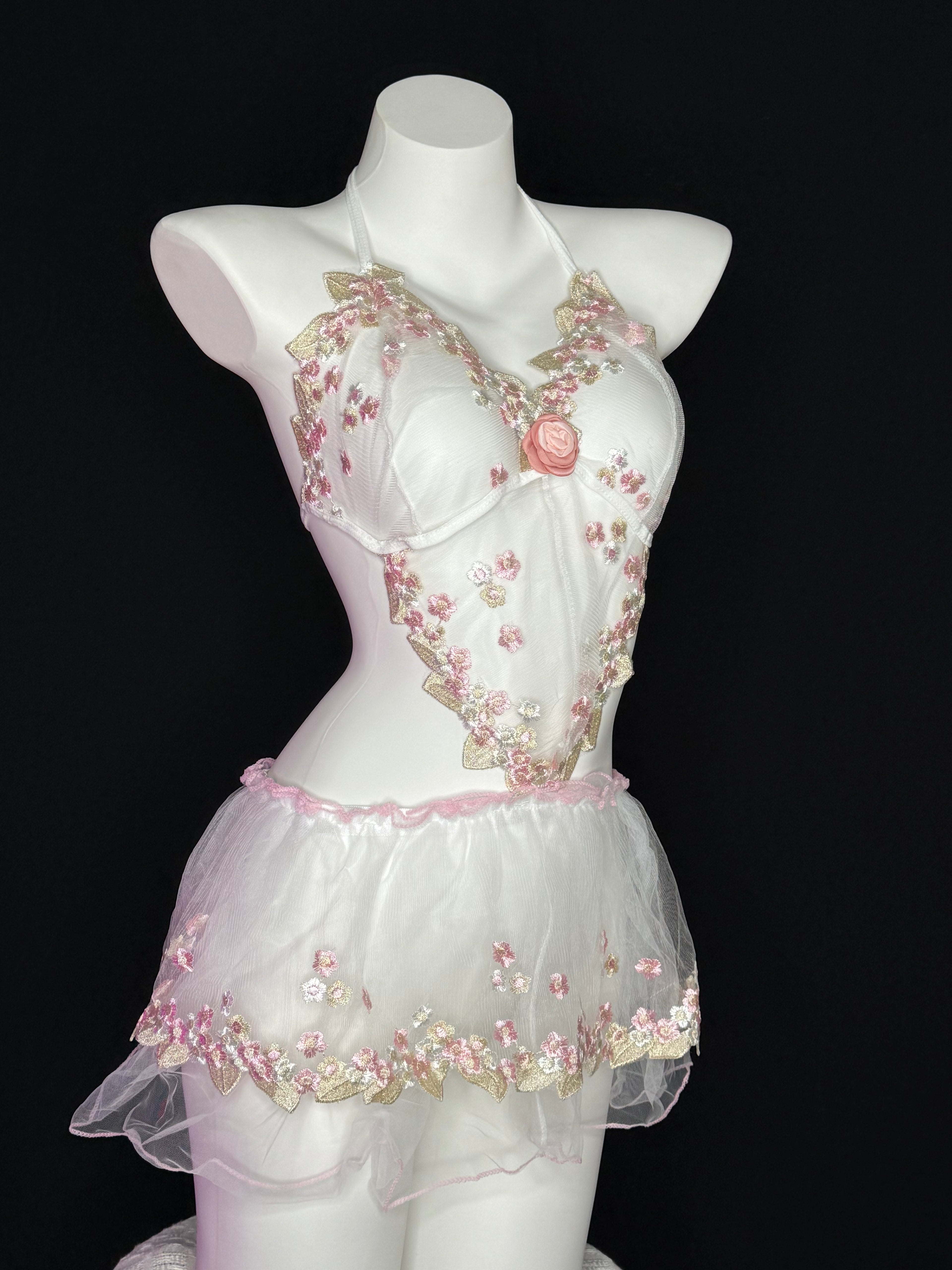 Pink Floral Embroidery Rose Halter Mesh Tutu Lingerie Set