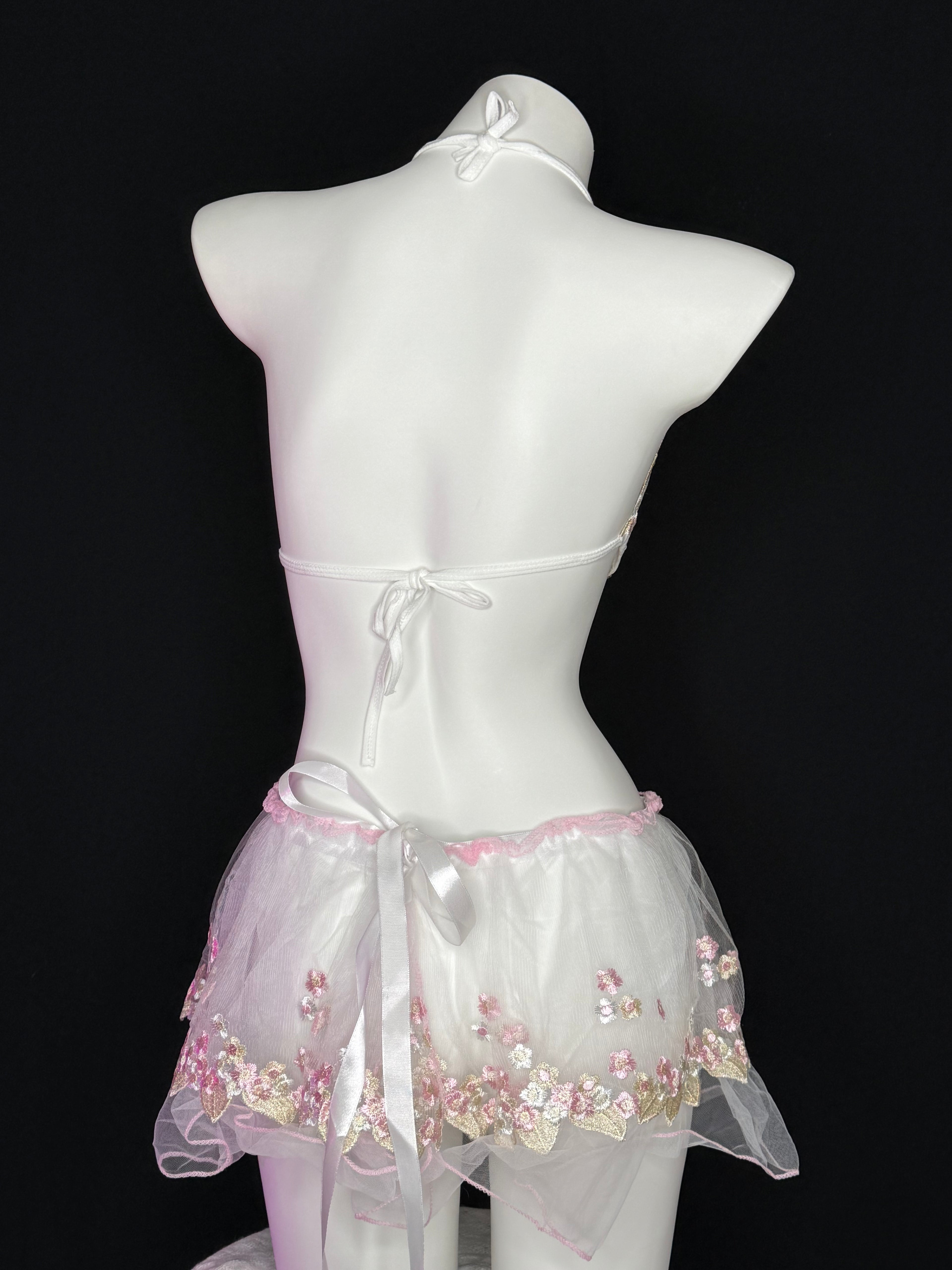 Pink Floral Embroidery Rose Halter Mesh Tutu Lingerie Set