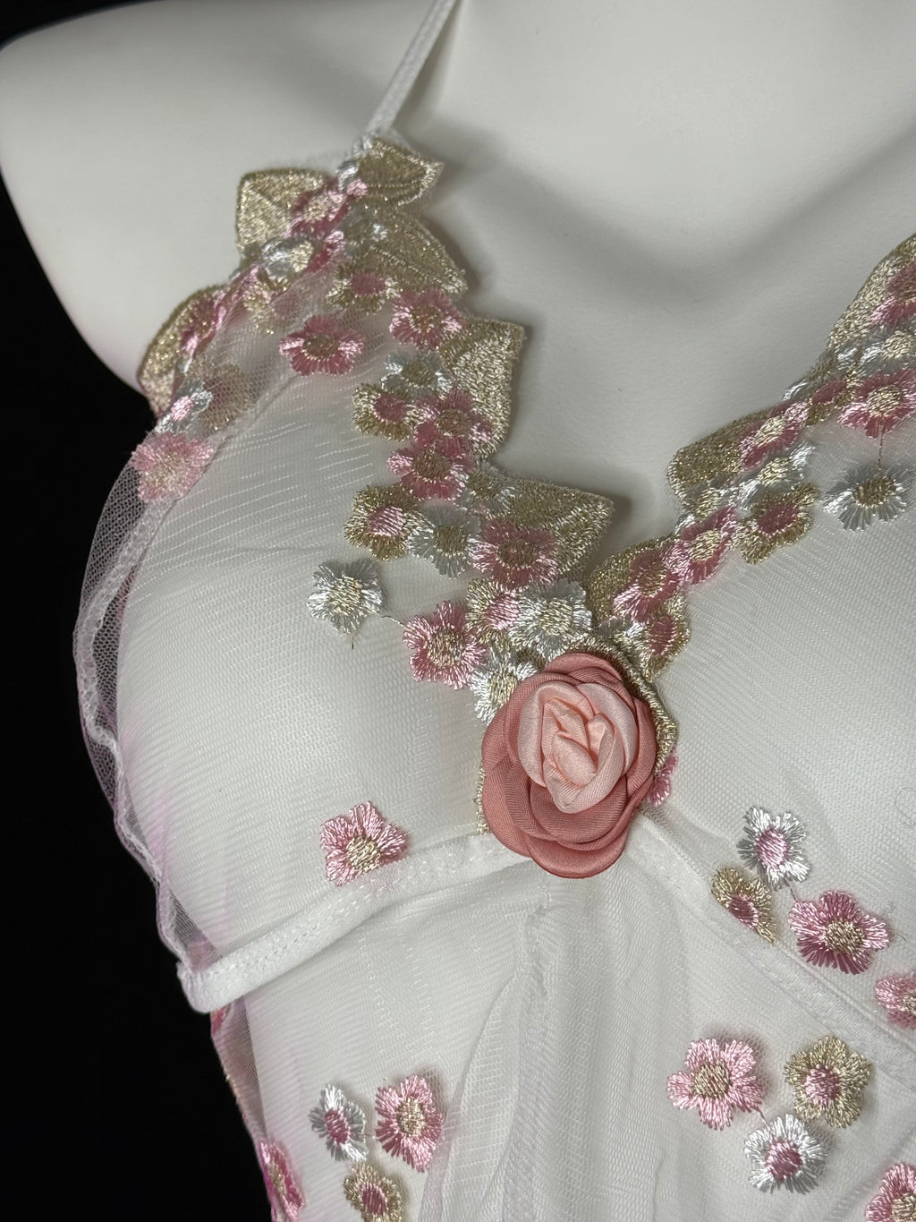 Pink Floral Embroidery Rose Halter Mesh Tutu Lingerie Set