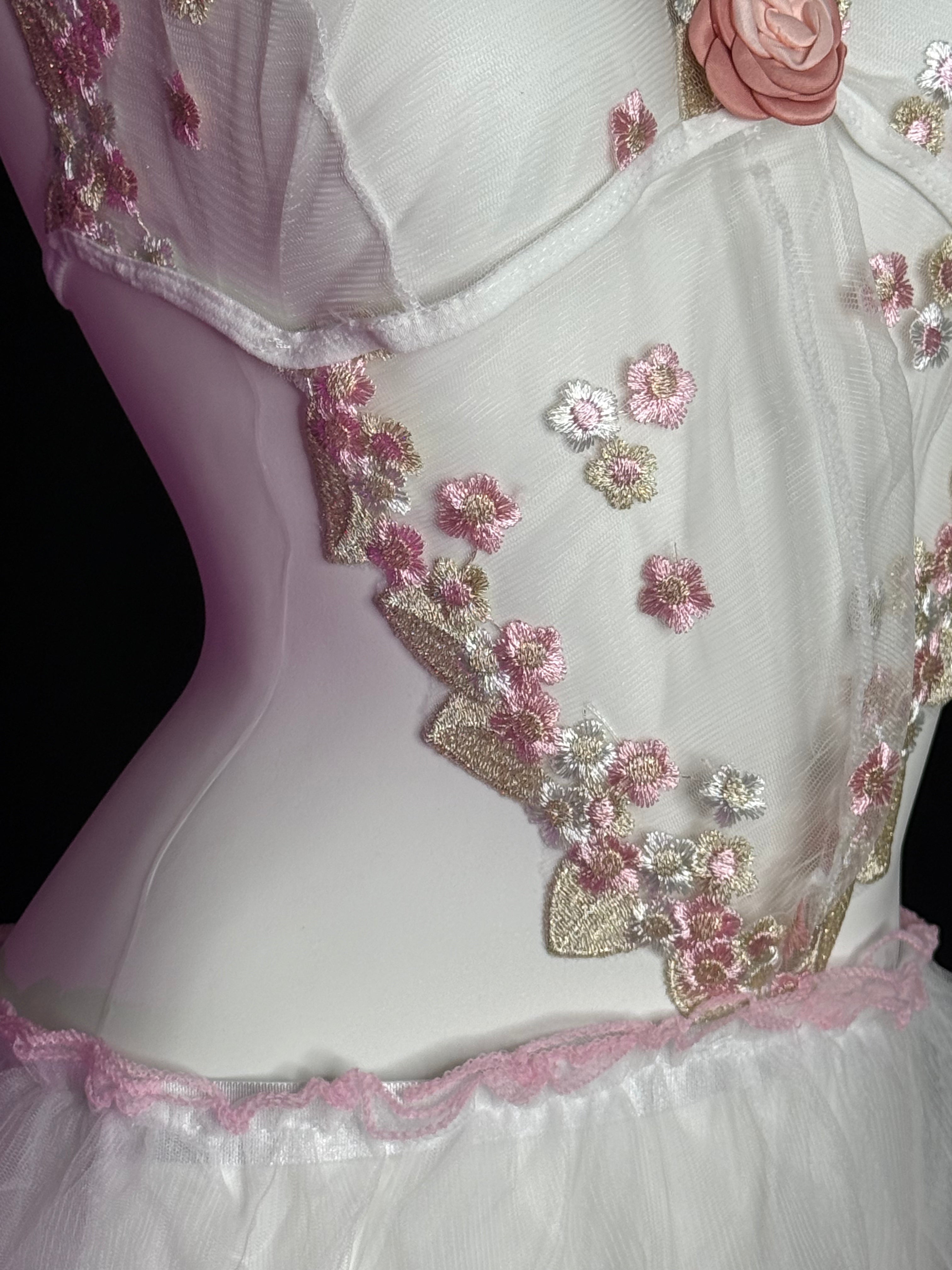 Pink Floral Embroidery Rose Halter Mesh Tutu Lingerie Set