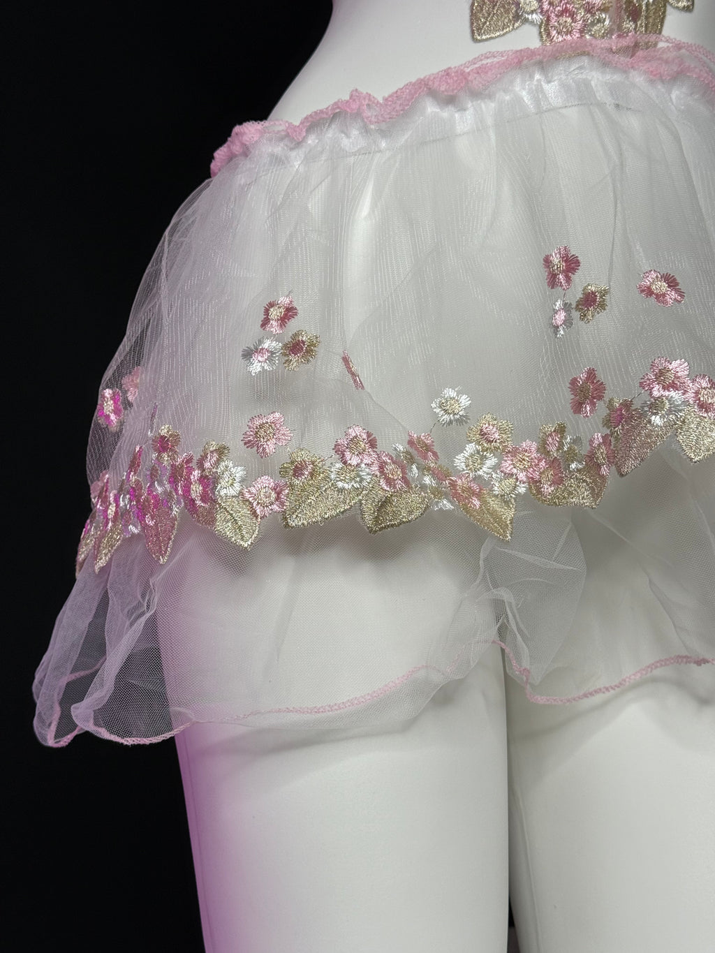 Pink Floral Embroidery Rose Halter Mesh Tutu Lingerie Set